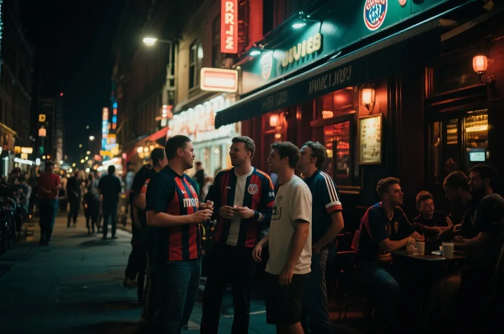 深夜球迷在城市酒吧区讨论比赛，街头灯光明亮而温暖